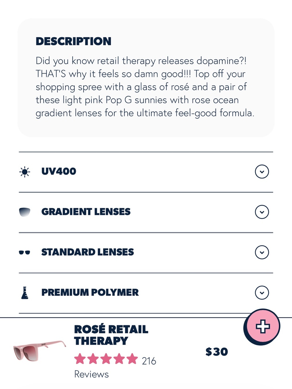 Goodr Pop G Sunglasses in Rosé Retail Therapy - Picture 7 of 8
